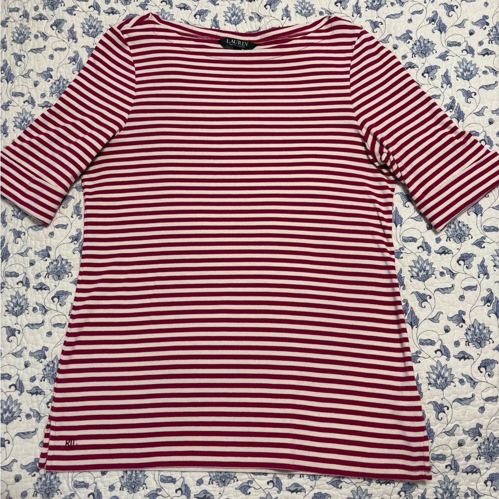 Lauren Ralph Lauren Mulberry Pink and White Striped Top Size Large 1/2 Sleeve - Picture 5 of 9